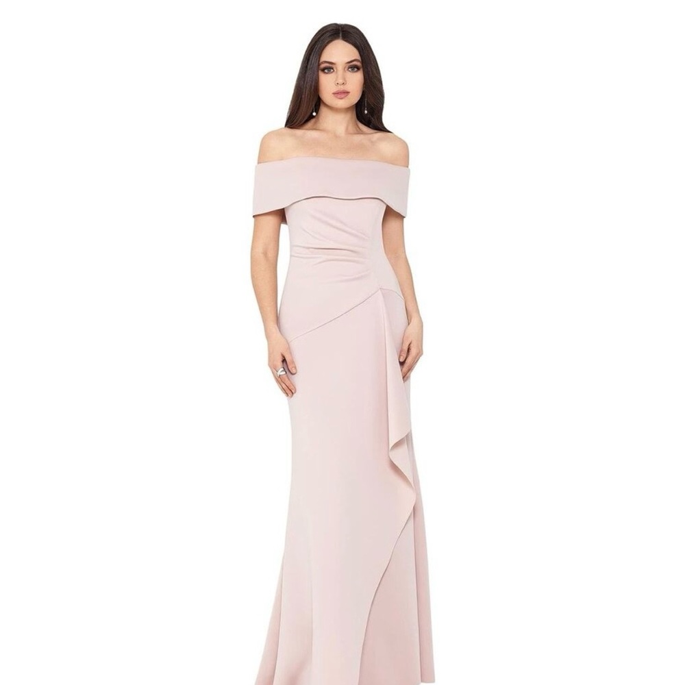 NWT Xscape Pink Ruffled Off The Shoulder Scuba Maxi Dress Gown Size 16
